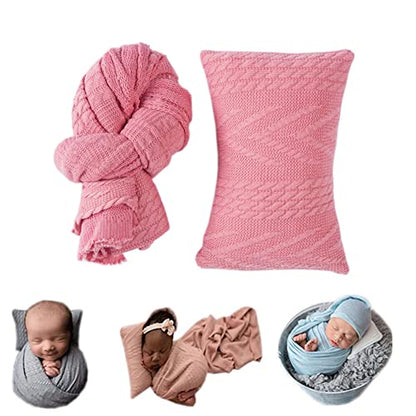 Coberllus Newborn Photography Props Blanket Stretch Knitted Twist Wrap & Posing Pad Pillow Prop for Baby Boys Girls Photo Shoot Set (Dark Pink) - color: Dark Pink