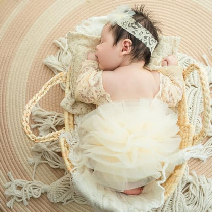 Newborn Photography Outfits Girl Baby Photography Props Lace Romper with Headress Newborn Outfits Girls Photo Props - color: Off-white