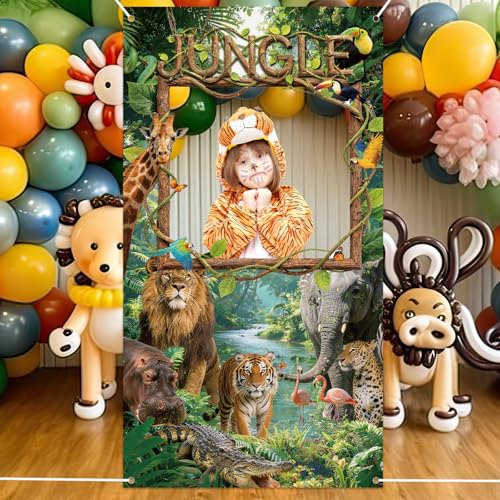 Jungle Animals Backdrop Jungle Party Decorations Safari Photo Backdrop Rain Forest Adventure Scenic Photography Background Banner for Large Wild Animals Party Supplies Wild Rainforest Photo Booth Prop - style: Jungle Animals