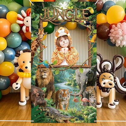 Jungle Animals Backdrop Jungle Party Decorations Safari Photo Backdrop Rain Forest Adventure Scenic Photography Background Banner for Large Wild Animals Party Supplies Wild Rainforest Photo Booth Prop - style: Jungle Animals