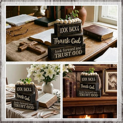 Moucuny 4 Pcs Farmhouse Table Decor Inspirational Wooden Signs Rustic Eucalyptus Leaves Wooden Block Sign Gift Thank and Trust God Farmhouse Table Centerpiece for Living Room Housewarming Gift - style: Black