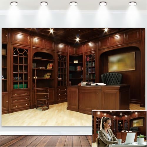 Fabric 9x6ft Business Office View Backdrop Vintage Room Interior Elegant Sofa Wooden Floor Furniture Scene Backgrounds Video Conferencing Banner Decor Adult Portrait Photo Shoot Props - size: 9x6ft(WxH)