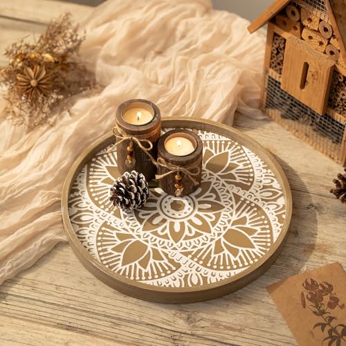 Hanobe Round Decorative Tray for Table: Boho Coffee Table Trays for Home Decor - Mid Century Farmhouse Circle Wood Serving Rustic Bohemian for Kitchen Counter Women - color: Lotus Brown, size: 11.8"
