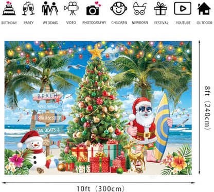 July Christmas Backdrop 10x8FT Summer Beach Santa Claus Christmas Tree Photography Background Tropical Hawaiian Xmas Party Decorations Supplies Photo Props - size: 10x8FT: 120x96 inch