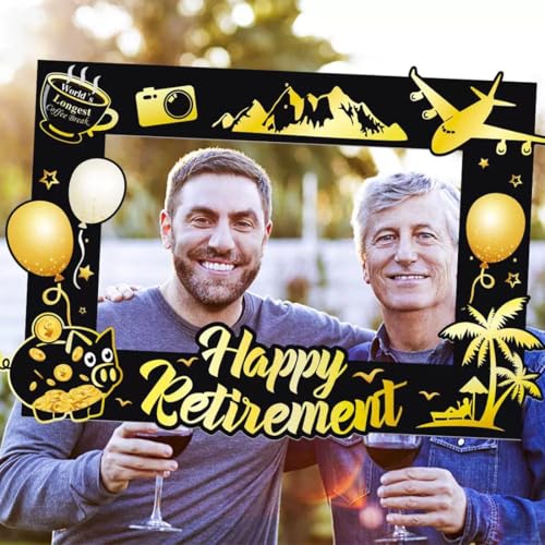 Large Retirement Party Photo Booth Props Kit Decorations Black Gold Frame Selfie Props Funny Farewell Retired Party Sign Cheers to Retirement Party Supplies