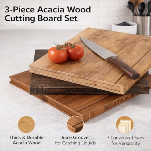 3 Piece Book Shaped Cutting Board Set with Wooden Stand, Solid Acacia Wood Chopping Boards for Kitchen, Decorative Library Design Gift for Cooking