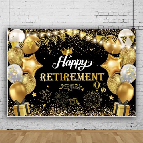 5x3ft Happy Retirement Photography Backdrop Black and Gold Retirement Party Decorations Backdrop Background Balloons White Lights Glitter Celebrate Retirement Party Supplies Studio Props - color: Black Gold06, size: 5x3ft