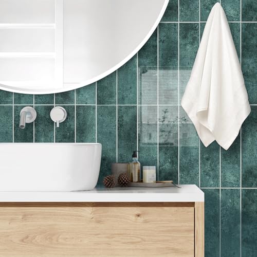 24-Pieces Peel and Stick Tiles for Kitchen Backsplash, New Upgrade Design 12" x 3"SPC Subway Backsplash Tiles, Marble Green Premium Finger Tiles（Green）. - color: Green, size: 10 Sheet
