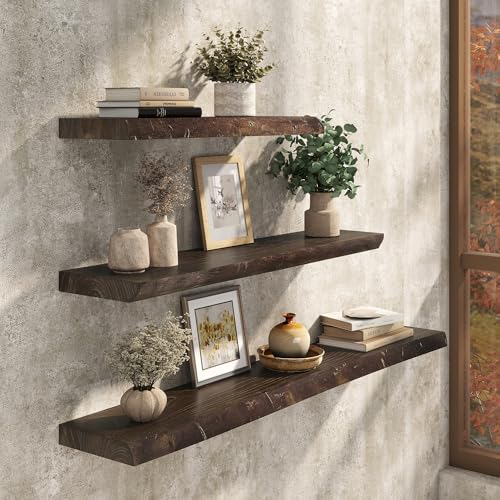 Floating Shelves Set of 2, Solid Elm Wood Wall Shelves 24 Inch - Invisible Bracket Mount for Living Room, Bedroom, Kitchen, Bathroom - Brown - color: Dark Brown, size: 24"L, 2-Pack