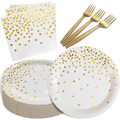 White and Gold Paper Plates Napkins Party Supplies,Disposable Gold Dot Paper Dessert Plates,105 PCS Birthday Plates and Napkins Party Supplies for Wedding(Serves 35 Guests 7") - color: White Gold Dot Paper Plate