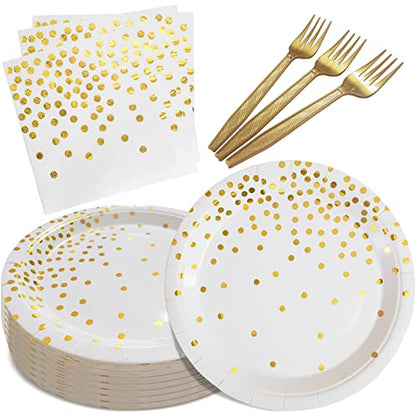 White and Gold Paper Plates Napkins Party Supplies,Disposable Gold Dot Paper Dessert Plates,105 PCS Birthday Plates and Napkins Party Supplies for Wedding(Serves 35 Guests 7") - color: White Gold Dot Paper Plate