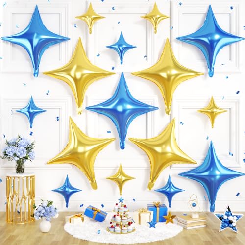Blue Gold Star Balloons, 16 PCS Blue Four Angle Star Foil Balloons, 26 Inch and 10 Inch Gold Stars Shaped Balloon for Graduation Birthday Baby Shower Anniversary Wedding Engagement Party Decorations - color: Blue Gold