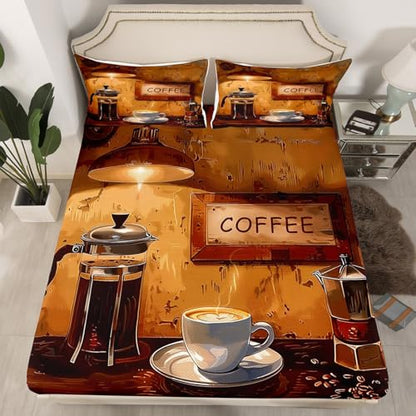 Feelyou Coffee Bed Sheets Set King Size Coffee Theme Bedding Set for Kids Boys Girls Coffee Drink Cup Sheets with Deep Pocket Fitted Sheet Enjoyable Bedding Set - color: Auburn, size: King