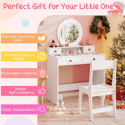 Costzon Kids Vanity, Princess Makeup Dressing Desk with Mirror and Stool, 4 Storage Drawers, Pretend Play Vanity Table and Chair Set for Little Girls (White) - style: White with Round Mirror