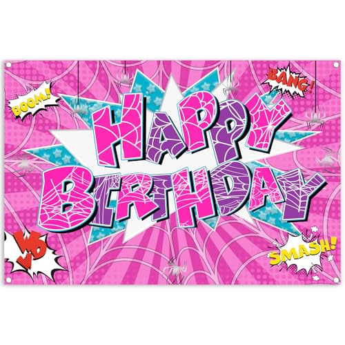 5x3ft Pink Spider Theme Backdrop Cartoon Photography Background Kids Boys Girls Birthday Party Decorations Photo Booth Banner Props - color: Pink-Spider