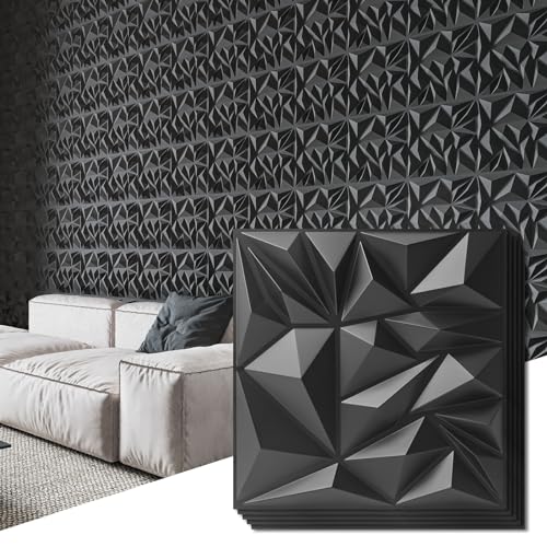 Art3d 50-Pack 3D Wall Panels for Interior Wall Decor, Modern Diamond Textured Accent Wall Paneling for Gaming Living Room TV Wall Background, 12 x 12 inch Black - color: Black, size: 12x12 Inch 50 pcs
