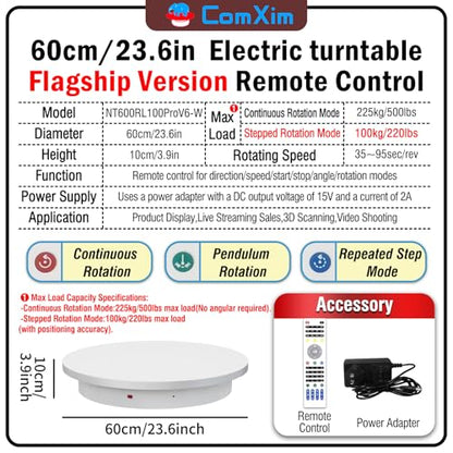 23.6In Remote Large Motorized electric turntable Rotating platform Photography Turntable Motorized lazy susan Base giratoria para for Photography,3D Scanner,Heavy duty display(Load Range:220~500lbs) - size: 23.6inch/White/500Lbs Load