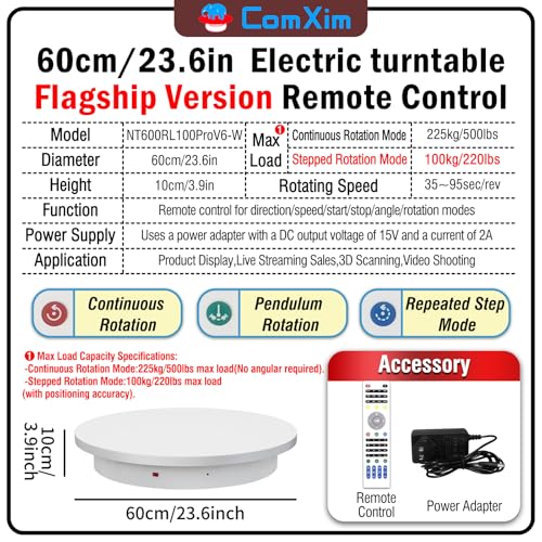 23.6In Remote Large Motorized electric turntable Rotating platform Photography Turntable Motorized lazy susan Base giratoria para for Photography,3D Scanner,Heavy duty display(Load Range:220~500lbs) - size: 23.6inch/White/500Lbs Load