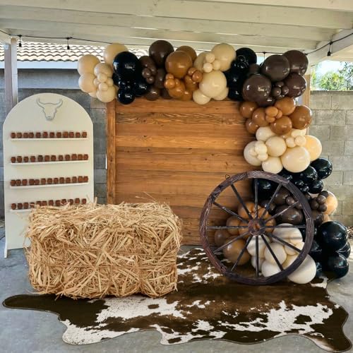 Hoteam 3 Pcs Western Cowboy Party Decor Straw Hay Bale Stack Wooden Wagon Wheel Cowhide Rug Wild West Cowboy Backdrop Supplies for Western Birthday Photo Booth Props Cowgirl Farm Accessories