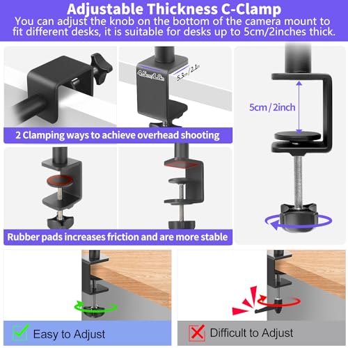 Camera Desk Mount Webcam Stand with 360° Ball Head, Adjustable Table Light Stand 14"-33", Tabletop C Clamp for DSLR Camera, Ring Light, Live Streaming, Photo Video Studios