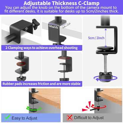 Camera Desk Mount Webcam Stand with 360° Ball Head, Adjustable Table Light Stand 14"-33", Tabletop C Clamp for DSLR Camera, Ring Light, Live Streaming, Photo Video Studios