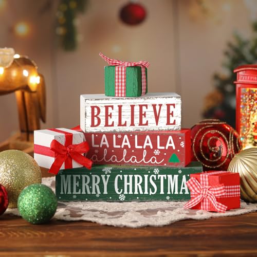 Geelin 4 Pieces Merry Christmas Wooden Table Decorations Xmas Wood Gift Boxes Decor Rustic Christmas Tiered Tray Decor Xmas Believe Tabletop Centerpieces for Home Desk Room Kitchen Shelf - style: Gift