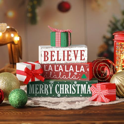 Geelin 4 Pieces Merry Christmas Wooden Table Decorations Xmas Wood Gift Boxes Decor Rustic Christmas Tiered Tray Decor Xmas Believe Tabletop Centerpieces for Home Desk Room Kitchen Shelf - style: Gift