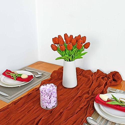 Mandy's Dark Orange Artificial Tulips Flowers Centerpiece, 13.5" Lifelike PU Fake Floral Stems 20pcs for Kitchen Island & Dining Table, Spring Decor for Easter - color: Dark Orange