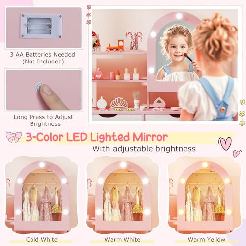 Costzon Kids Vanity with Lights, Girls Vanity Set with Mirror Cabinet, Storage Drawers, Hooks & Shelves, Toddler Makeup Vanity Desk Dressing Table, Wooden Kids Vanity Table and Chair Set (Pink) - style: Pink with Mirror Cabinet