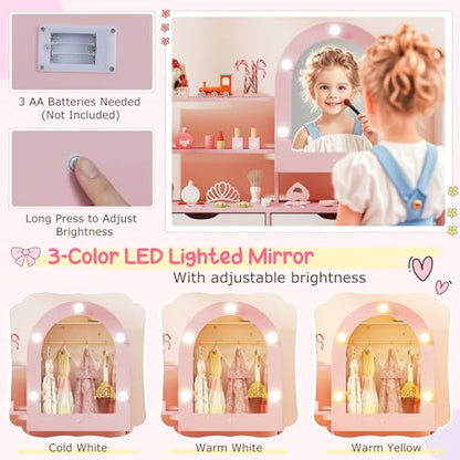 Costzon Kids Vanity with Lights, Girls Vanity Set with Mirror Cabinet, Storage Drawers, Hooks & Shelves, Toddler Makeup Vanity Desk Dressing Table, Wooden Kids Vanity Table and Chair Set (Pink) - style: Pink with Mirror Cabinet
