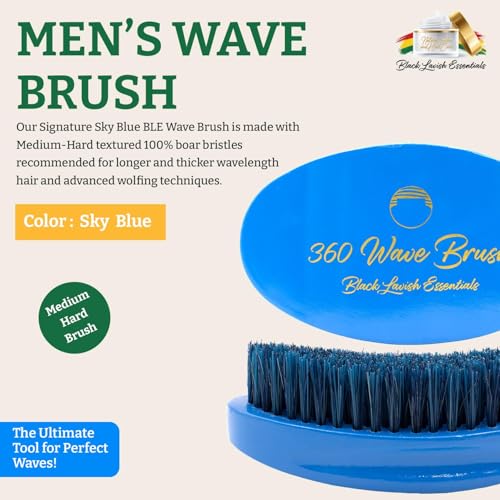 360 Wave Brush, Soft, Build Deeper Waves & Hard Boar Bristle, Curved Design, Black Lavish Essentials Signature (Medium-Hard Brush, Sky Blue) - color: Sky Blue, size: Medium-Hard