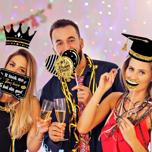Prom Photo Booth Props, 39Pcs Black Gold and Silver Prom Send Off Decorations Photo Booth Props for Masquerade Party Decorations for Home Office Decoration