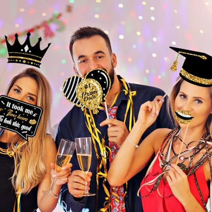 Prom Photo Booth Props, 39Pcs Black Gold and Silver Prom Send Off Decorations Photo Booth Props for Masquerade Party Decorations for Home Office Decoration