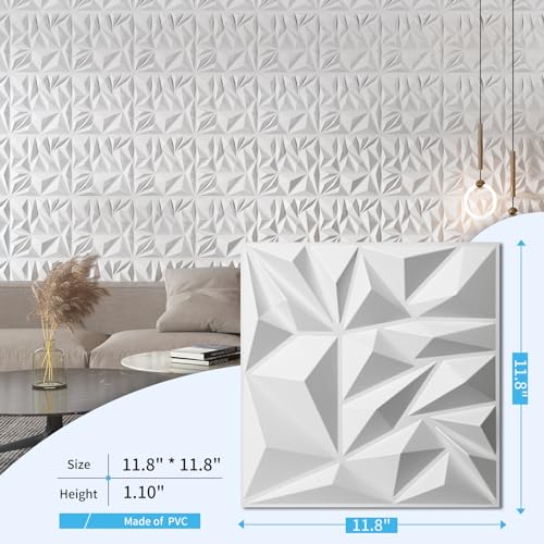 Art3d 50-Pack 3D Wall Panels for Interior Wall Decor, Modern Diamond Textured Accent Wall Paneling for Gaming Living Room TV Wall Background, 12 x 12 inch White - color: White, size: 12x12 Inch 50 pcs