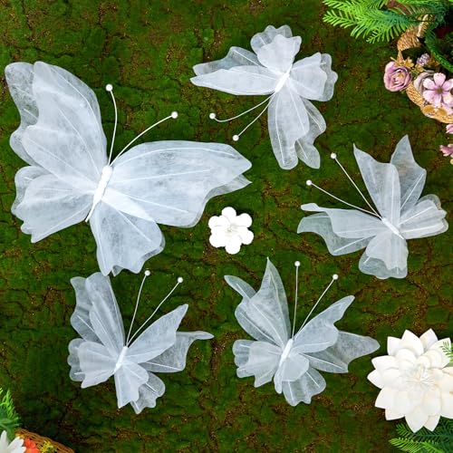 OBBOLO 3D Hanging Butterfly Decorations, White Butterfly Birthday Party Decorations, 5 Pcs Water-Repellent Paper Butterfly Hanging Decorations for Girls, Women, Flower Garden Party Décor - color: White