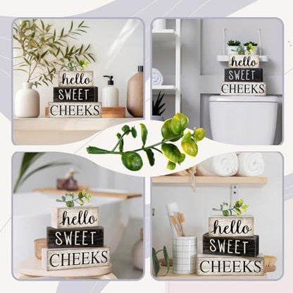 Moucuny 4 Pcs Bathroom Shelf Decor Hello Sweet Cheeks Sign Farmhouse Bathroom Decor and Accessories Rustic Eucalyptus Leaves Wood Block Sign Gift Sweet Home Table Centerpiece for Home Office - style: Eucalyptus Leaves