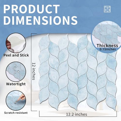 Tilingview 10-Sheet Peel and Stick Backsplash Tile for Kitchen, Self-Adhesive Mosaic Glossy Leaf Stick on Wall Tile with Gaps (Pastel Blue) - color: Leaf Gaps Pastel Blue
