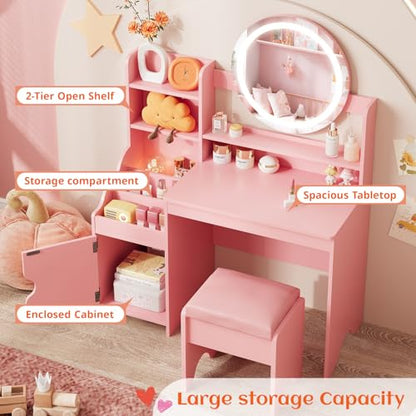 Vabches Kids Vanity with Lights, Princess Makeup Vanity Desk with Open Bookshelf, Storage Cabinet & Shelves, Toddler Vanity Table and Chair Set, Pretend Play Vanity Set for Little Girls, Pink - style: Pink
