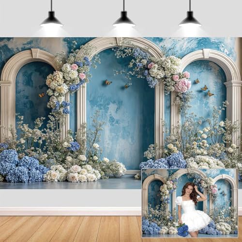7X5ft Retro Blue Flower Backdrop Blue Hydrangea Floral Butterfly Arch Photography Backdrops European Style Bridal Shower Party Banner for Interior Portrait Photoshoot Photo Booth Wallpaper Decor - color: Multi11, size: 7X5ft