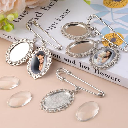 3Pcs Silver Wedding Bouquet Photo Charm Pins, Bouquet Charm for Gift Bridal Shower Graduation Memorial Photo Pin Brooch Making Kit for Mother