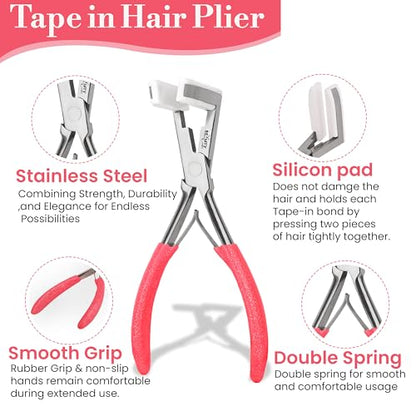 Beauty & Crafts Tape in Hair Extension Tools Kit with Flat Surface Stainless Steel Tape in Hair Extensions Sealing Clamp Plier, 2 Hair Parting Rings, 3 Hair Clips With Leather Pouch (Pink)