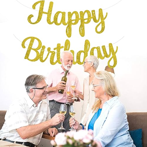 BEISHIDA Happy Birthday Banner - NO DIY,Gold 10Feet Pre-Strung-Glitter Birthday Sign Garland Backdrop Decorations for Women men Party - color: gold