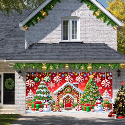 HOMETITUTE Christmas Garage Door Banner Gingerbread House 13x6ft Festive Backdrop Candy Canes Snowmen Photo Prop Background for Sweet Holiday Outdoor Display Festive Party Supplies