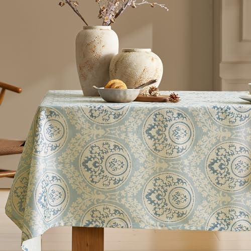 Vintage Blue Printed Tablecloths Rectangular: Floral Linen Farmhouse Table Cloth - Damask Patterned on Burlap Textured Fabric Outdoor Table Cover for Kitchen,Dining,Party,Picnic Decor, 55x120 Inch - color: Damask Blue, size: 120" x 55" (Rectangular)