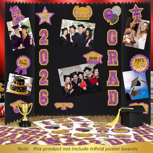 AmazingSpark 2 Sets 40 x 28 Large Trifold Poster Board for Graduation Photo Display Board with 12 Grad Themed Stickers for 2026 Presentation Party Decor Event Collage Frame Supplies (Purple Gold) - color: Purple Gold, size: 24 x 16"
