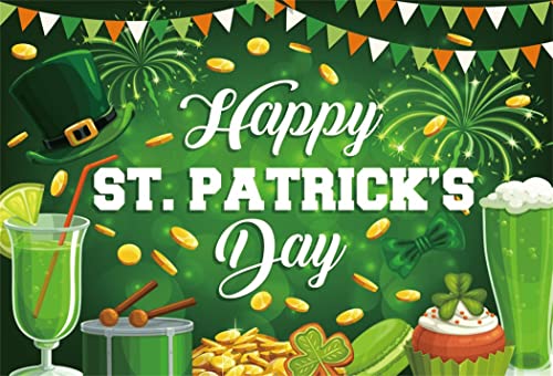 7x5ft Polyester Happy St.Patrick's Day Backdrop Cartoon Green Four-Leaf Clover Green Hat Pot of Gold Photography Background Lucky Irish Shamrock for Children Baby Adults Portraits Photo Studio - color: Green 39852