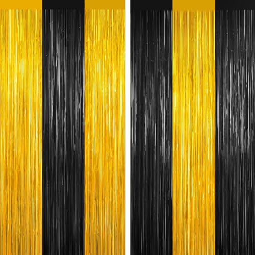 Black and Gold Tinsel Backdrop Foil Fringe Curtains - 2 Packs Door Streamers Backdrop for Birthday Door Decorations, Party Supplies for Bachelorette, Graduation, Christmas, New Year’s Eve, Disco Decor - color: Black and Gold