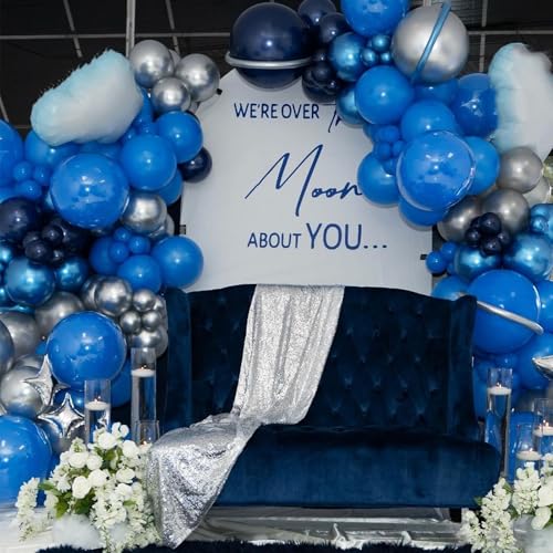Blue Silver Balloons Set, 12 Inch Blue and Silver Balloons Dark Navy and Confetti Party Latex Balloon, Macaron Metallic Baby Blue Mixed Balloon for Birthday Graduation Baby Shower Wedding Retirement - color: Blue Silver