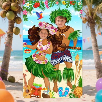 AIBIIN Hawaiian Photo Props Banner Tiki Luau Couple Door Banner Aloha Party Decorations Tropical Beach Photo Booth Background Tiki Luau Aloha Beach Party Decorations 43.3x70.8inch