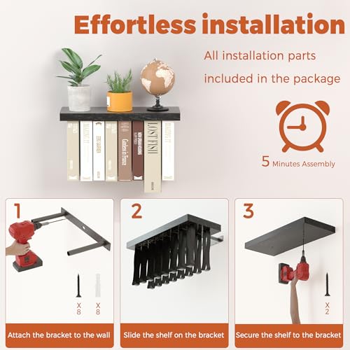 Tohiasen Floating Book Shelves for Wall Mounted Set of 2, Wood Hanging Bookshelf, Book Display Shelf for Wall, Unique Space Saving Book Shelf Wall Book Holder (Black) - color: Black